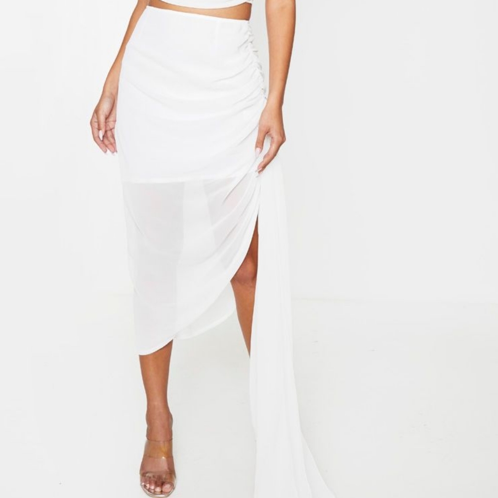 White Woven Ruched Side Panel Midi Skirt